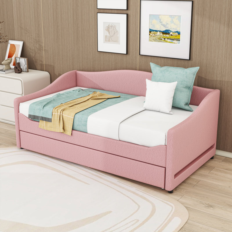 Upholstered Daybed with Twin Trundle and LED, Twin, Pink