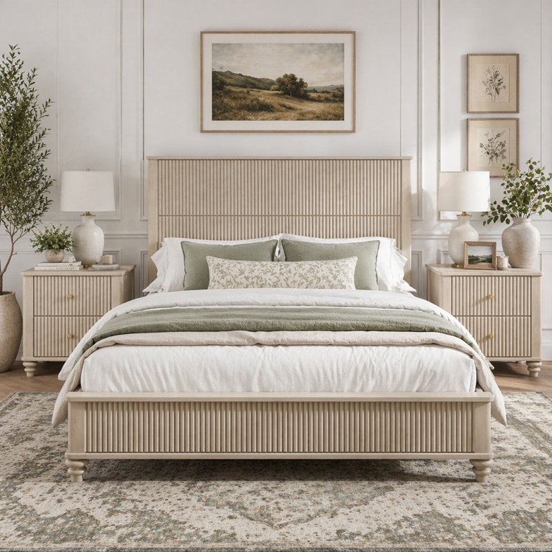 Base de lit plateforme en bois massif avec tête de lit haute, Beige, Queen