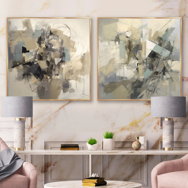 Mélange géométrique gris et beige - ensemble de 2 collages abstraits carrés, Cadre flottant doré, H 16 po x l 33 po