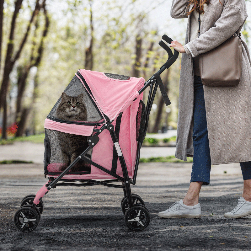 Pink Foldable Steel Frame Dog Stroller with Rubber Wheels