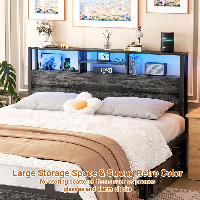 Lozandier Headboard with Storage, Power Outlet, USB Ports and LED Strip, Black Oak, Queen