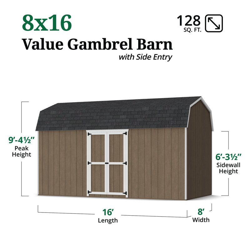 Value Gambrel Barn 6' Sidewalls With Side Entry, 112.5" H x 96" W x 192" D, Yes