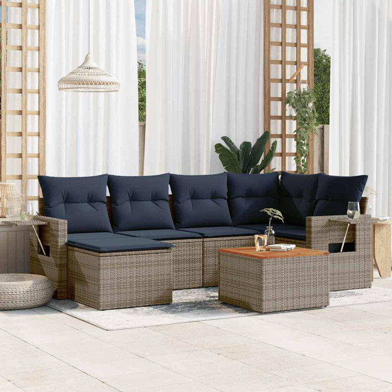 Ensemble de canapé de patio 7 pièces avec coussins en rotin de polyester, Gris, Bleu foncé