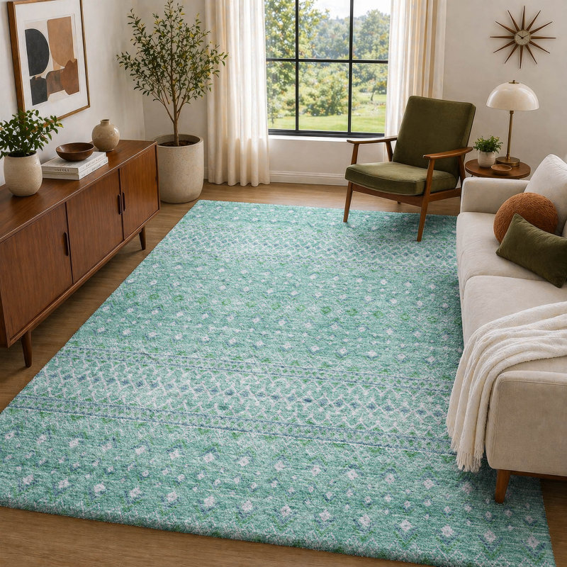 Tapis bohème ADS709 de qualité supérieure lavable à la machine, Turquoise, 8 pi x 10 pi