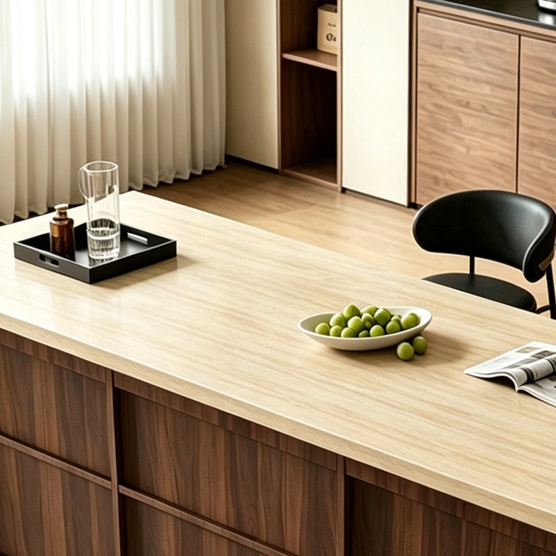 Îlot de cuisine de style Mid-Century avec plateau en marbre, armoire de rangement, grand comptoir, poignées encastrées, poste de travail indépendant pour les repas et la préparation des plats.