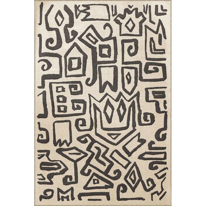 Black And Beige Themed Abstract Figure Patterned Creative Modern Decorative Carpet, Rectangle 4'8" x 6'7"