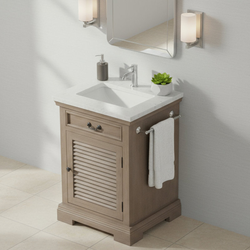 Meuble-lavabo simple 24 po au fini bois naturel et plateau en marbre blanc 24 po
