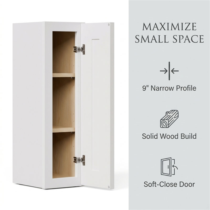 9" Solid Wood Cabinet with soft-close doors and 2 adjustable shelves