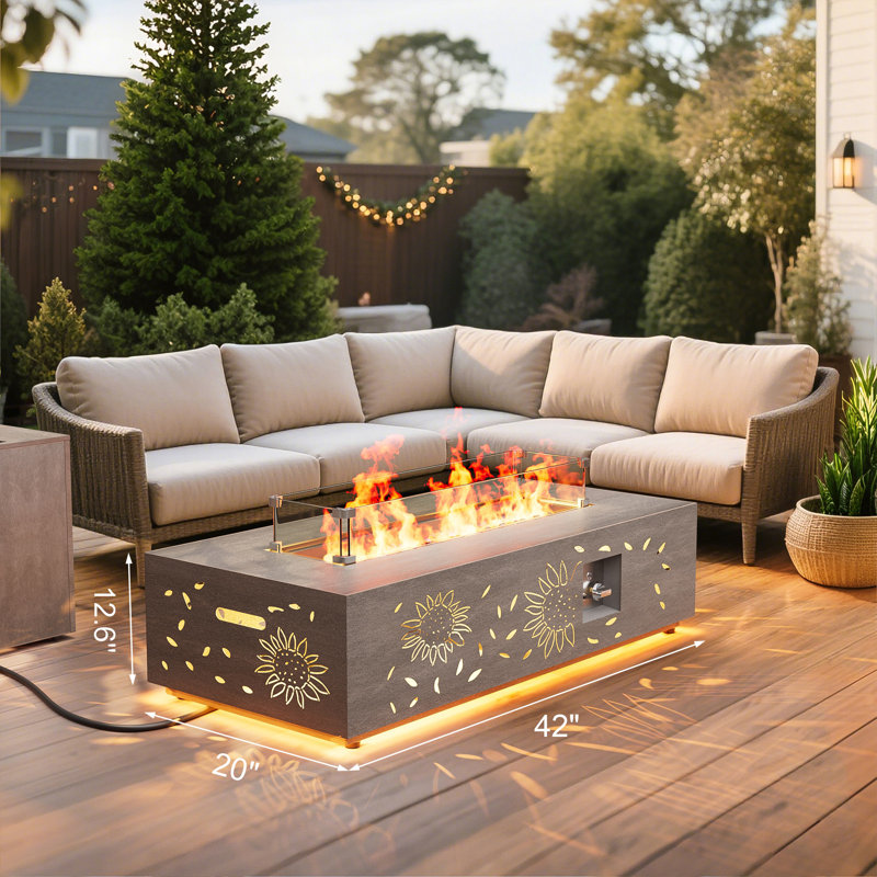 42" Propane Gas Fire Pit Table 50,000 Btu Featuring Hollowed Out Sunflower Patterns And Golden Light