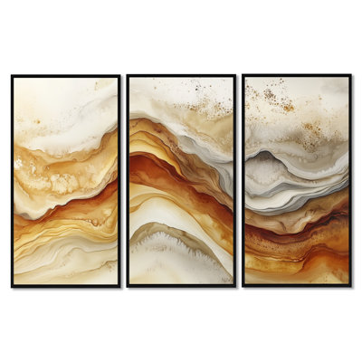 «Warm Earth Marble Wave Flow I», ensemble de 3 toiles abstraites encadrées
