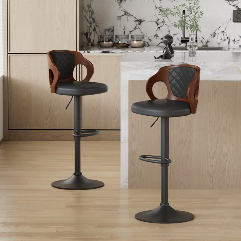Ferriera Set of 2 Adjustable Height Swivel Counter Stools, Upholstered Faux Leather Bar Chairs with Metal Base, Footrest, Mid-Century for Kitchen Island, Home Bar, Pub, Cafe, or Office, Black