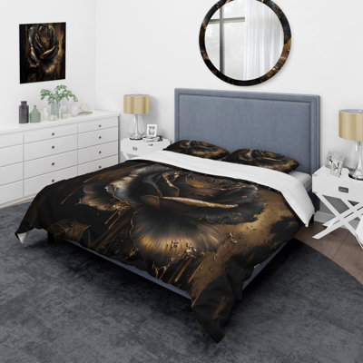 Black and Gold Rose I - Ensemble de housse de couette à motif floral rose - Microfibre de polyester