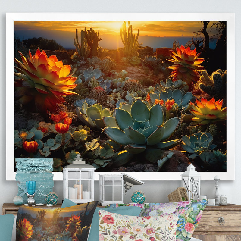 Succulent Desert Cactus Field Burning Sunset - Succulent Wall Art, Cadre photo unique, H 34 po x l 44 po, Blanc