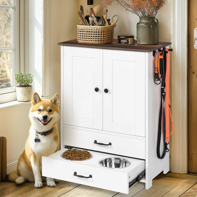 Dog Feeding Station, Double Door Locker With 2 Adjustable Dog Bowls, 3 Hooks On Right Side, White