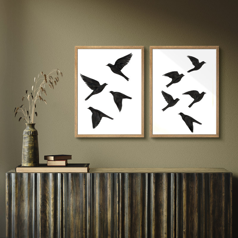 «Flying Birds Silhouette», ensemble de 2 reproductions d'art mural encadrées minimalistes sur fond blanc, œuvre d'art moderne pour décor de salon ou de bureau