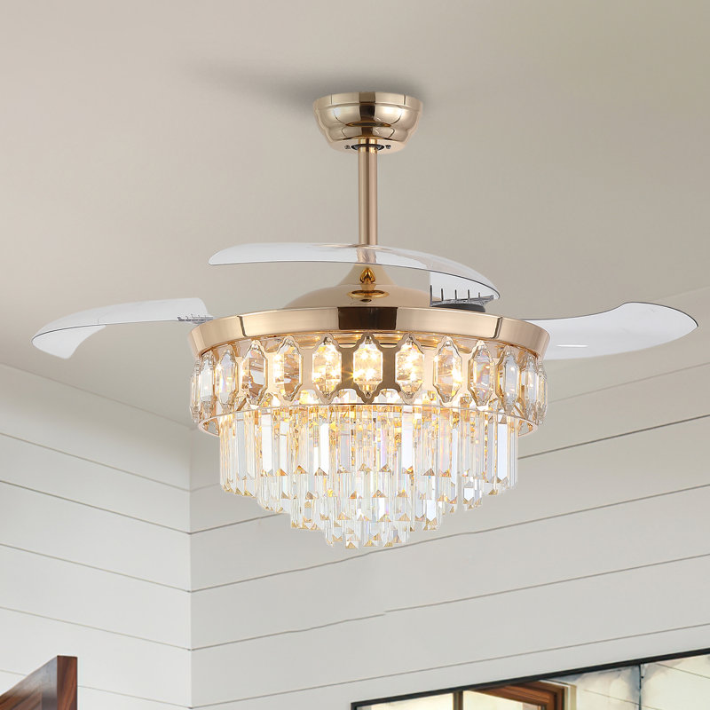 48" Dimmable Crystal Ceiling Fan With Led Lights And Remote Control, Gold with Gold