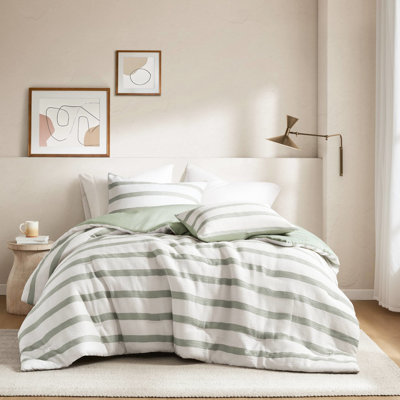Édredon très grand / très grand avec rayures, motif froissé doux, superposition à l'année, revers en microfibre, sauge sans effort pour lit 3 pièces, utilisation toutes saisons, style minimaliste moderne, dossier ultra
