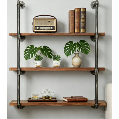 Industrial Pipe Wall Mounted Shelves, 3-Tier Rustic Wood Floating Bookshelf, Metal Pipe Storage Shelving Unit For Living Room, Kitchen, Bathroom, Office
