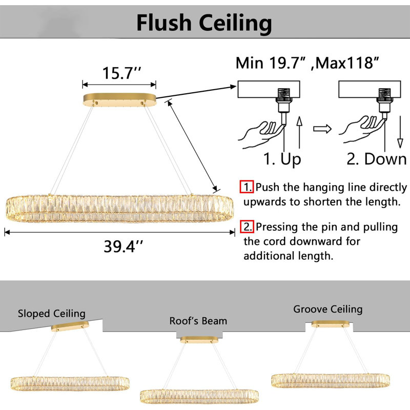 Modern Dimmable Crystal Led Long Chandelier, Gold