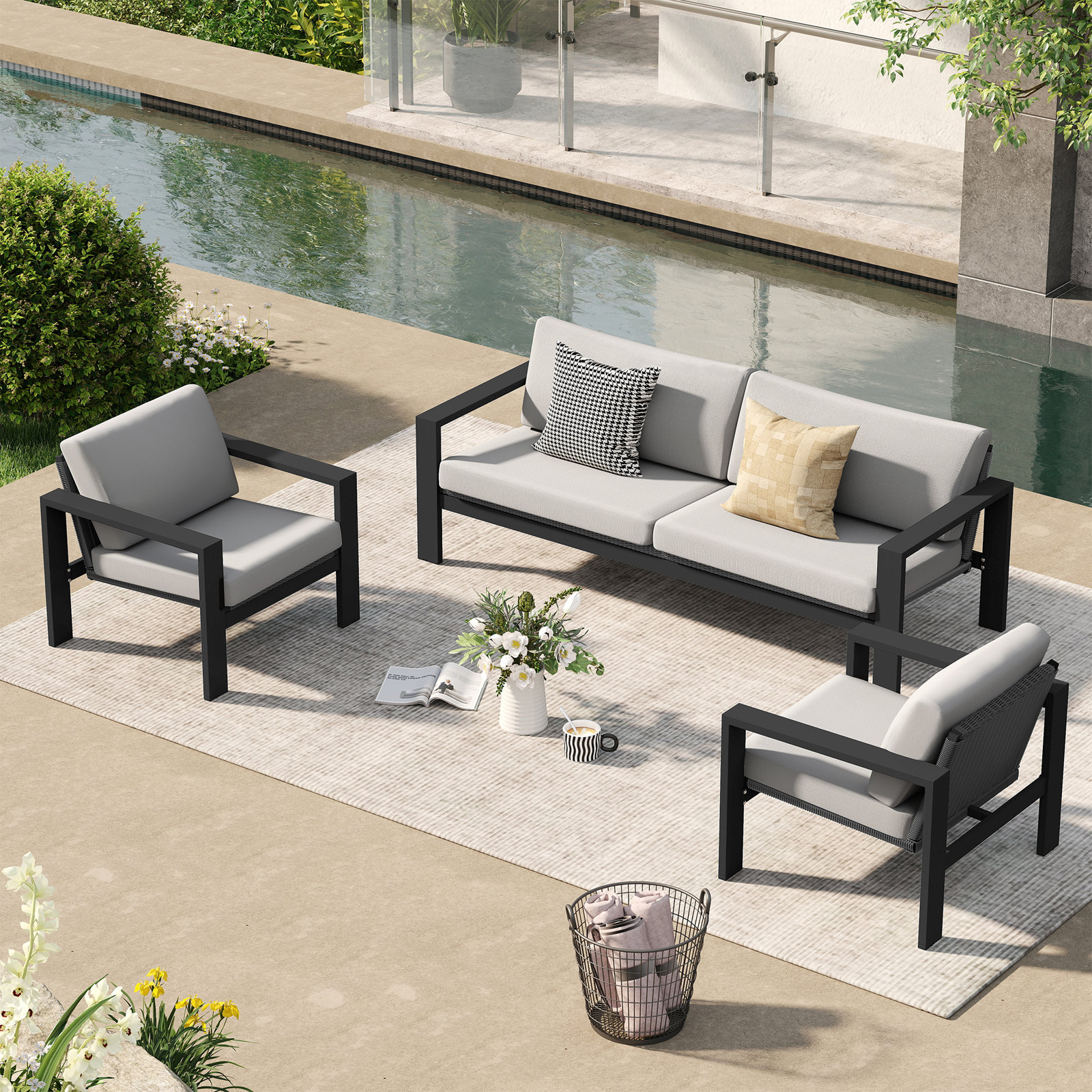 Mikel 3 Piece Aluminum & Rattan Patio Lounge Set With Light Gray Cushions