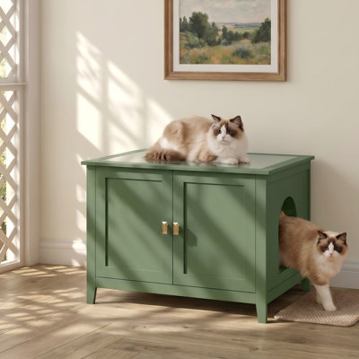 Meuble de litière moderne pour chat caché avec portes doubles, poignées, salle de bain intérieure pour animal de compagnie