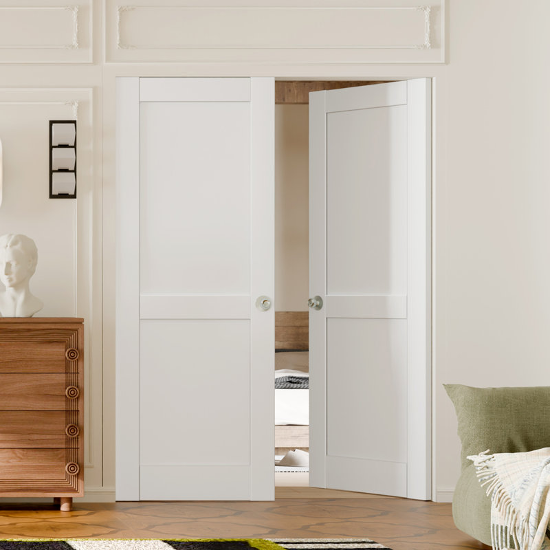 Porte intérieure à dalle - 2 panneaux de panneau de fibres à densité moyenne blanc de style Shaker avec porte à peindre avec poignée, quincaillerie non incluse