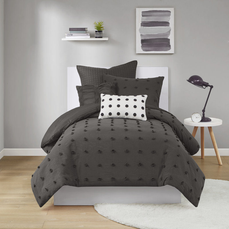 Ensemble d'édredon en jacquard de coton Brooklyn avec taies décoratives européennes et coussins décoratifs, Gris anthracite