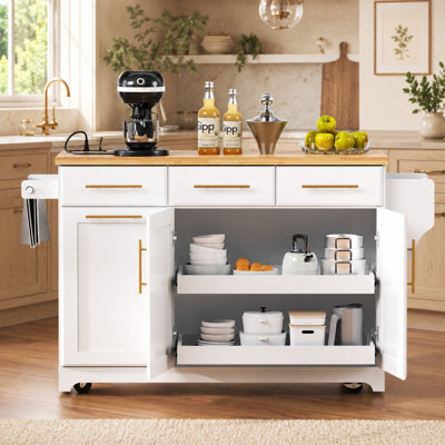 Kitchen Island Cart with Drop Leaf, Charging Station and Trash Cabinet