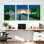 Ensemble de 3 tableaux sur toile représentant un coucher de soleil tropical avec palmiers et montagnes
