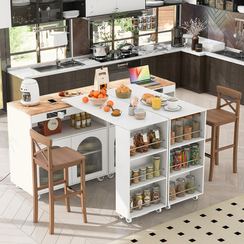 Îlot de cuisine roulant avec table allongée, Blanc