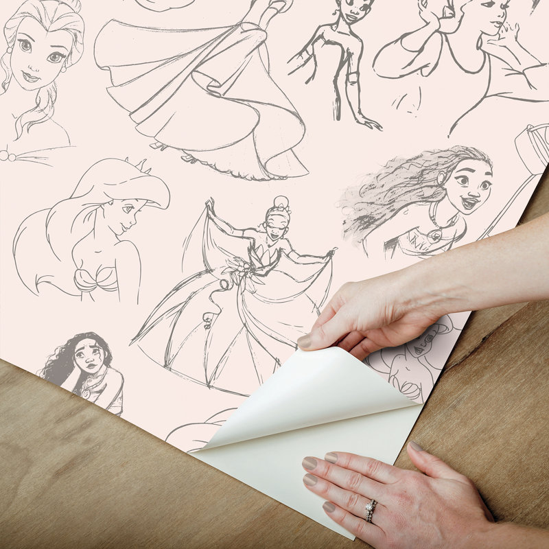 Papier peint à peler et coller rose Disney Princess Sketches, Pink