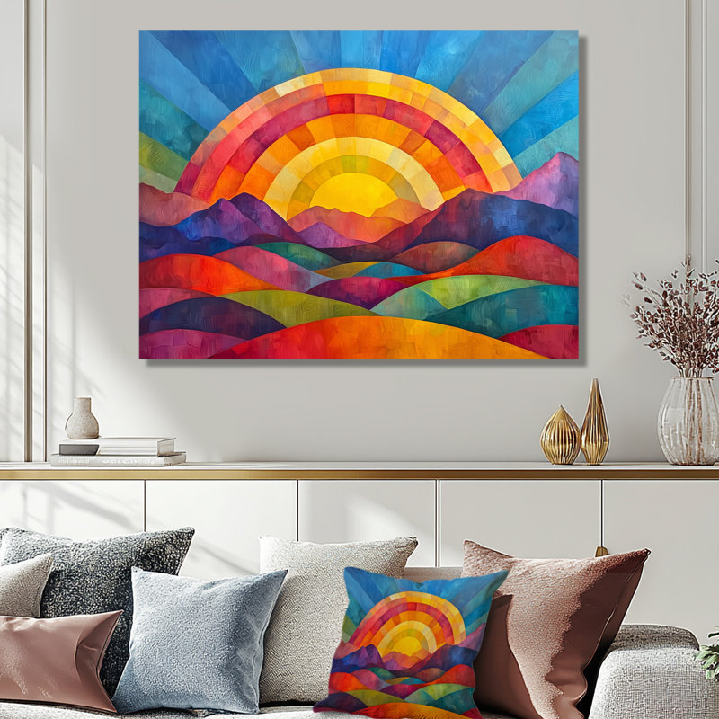 Arc-en-ciel sur montagnes colorées abstraites - reproduction d'art traditionnelle en métal, décoration murale arc-en-métal
