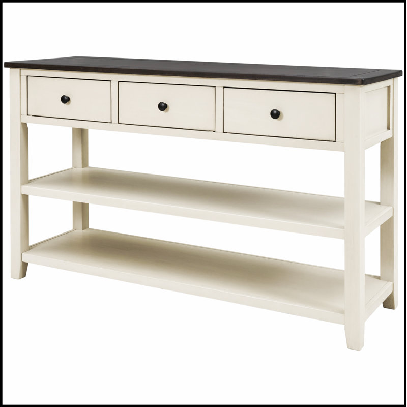 Console rétro avec deux tablettes ouvertes et tiroirs, structure en bois de pin massif pour la vie moderne (espresso et beige)