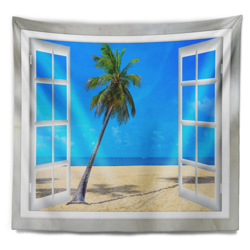 Fenêtre ouverte de mer pour une plage avec palm tapisserie, H 50 po x l 60 po