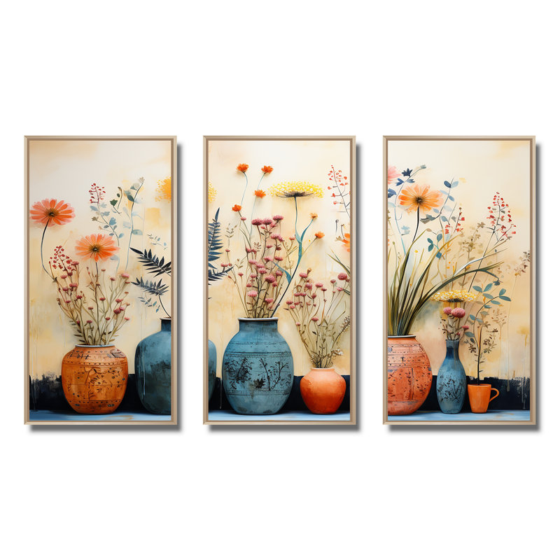 «Blue Floral Watercolor Pottery IV - Boho Pottery», art mural, H 28 po x l 36 po x P 1 po, Cadre flottant brun