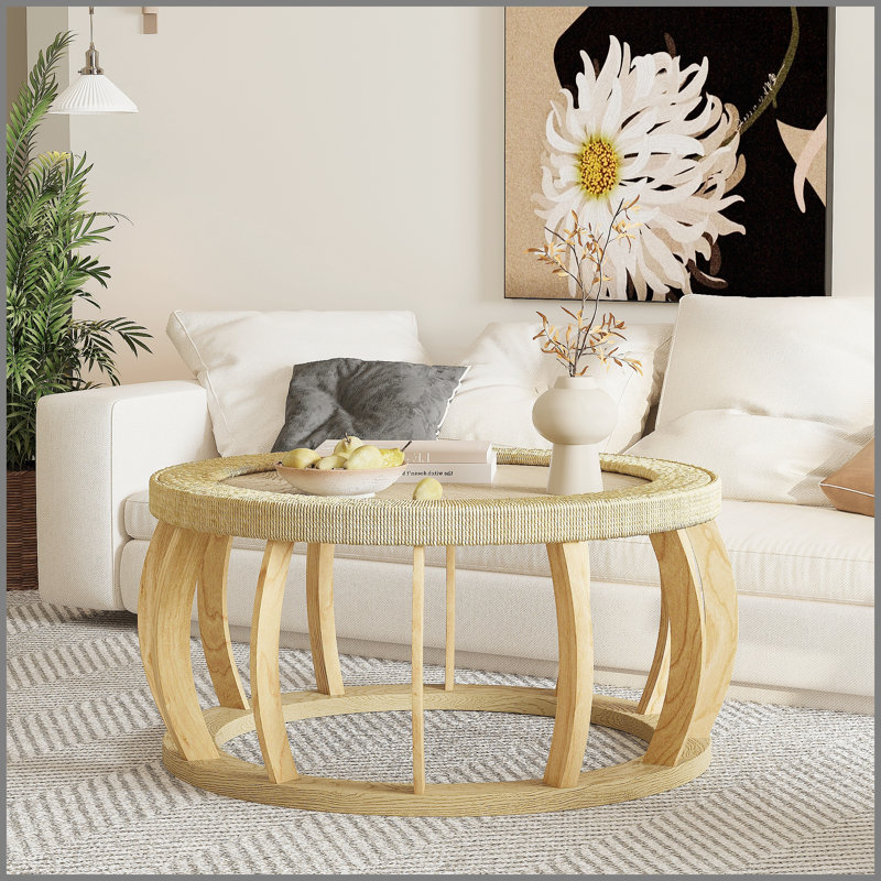 Table basse ronde ronde en bois massif de 35,43 po avec pieds courbés et table d'appoint Boho pour salle à manger, cuisine et salon, naturel