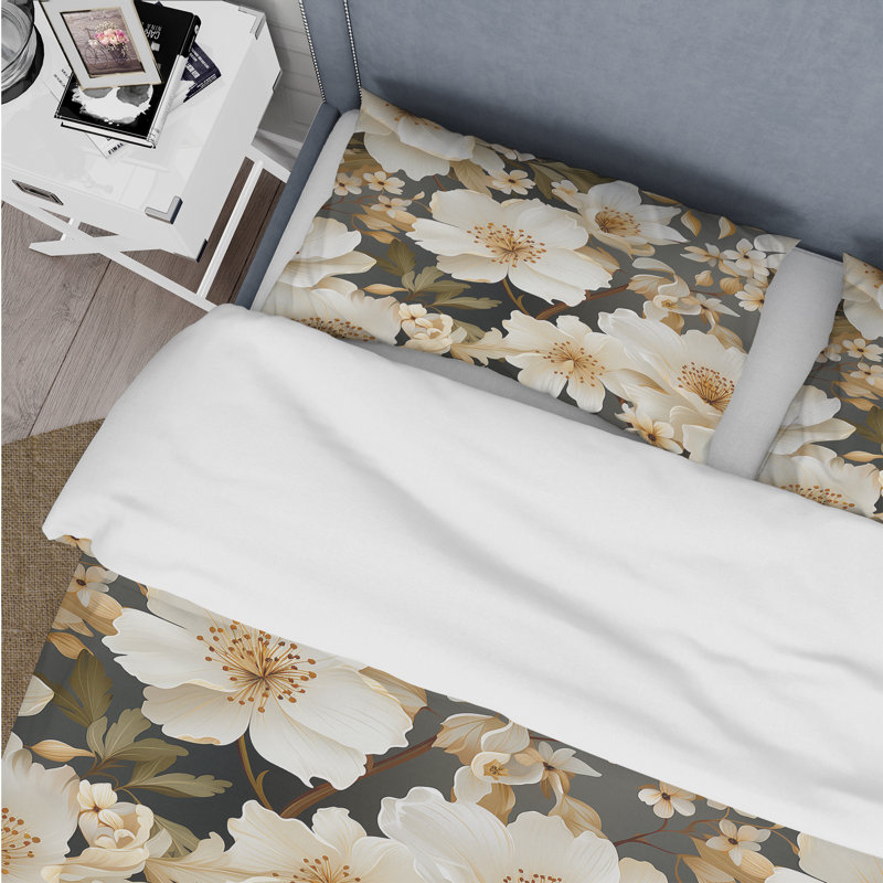 Ensemble de housse de couette White Playful Flower Enchantment, Housse de couette pour grand lit et 2 taies décor