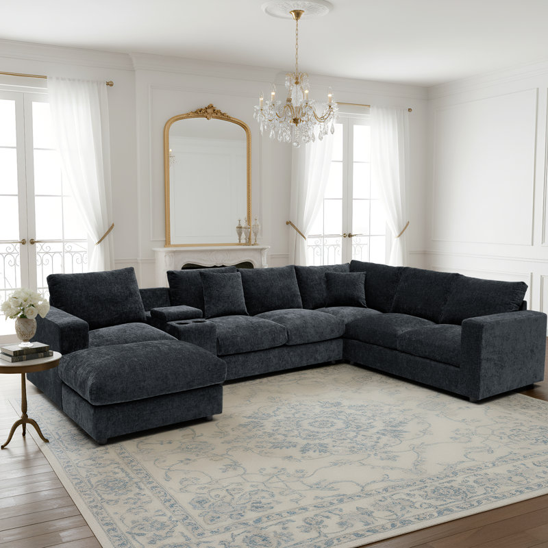 Cloud Modular Sectional Sofa Upholstered Deep Seat Couches With Cupholder Console With Usb Port & Storage Box And An Ottoman