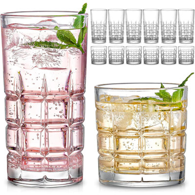 Ensemble de 12 verres à boire, verres en verre transparent, ensembles de verres mixtes, grands verres à eau Highball 15 oz et verres à whisky 11 oz, verre à gobelet pour café, bière glacée, thé, whisky