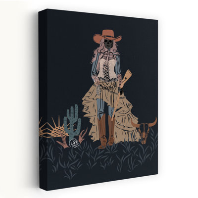 Affiche murale abstraite gothique contemporaine représentant un squelette de taureau et de cactus au coucher du soleil, inspirée du Far West.