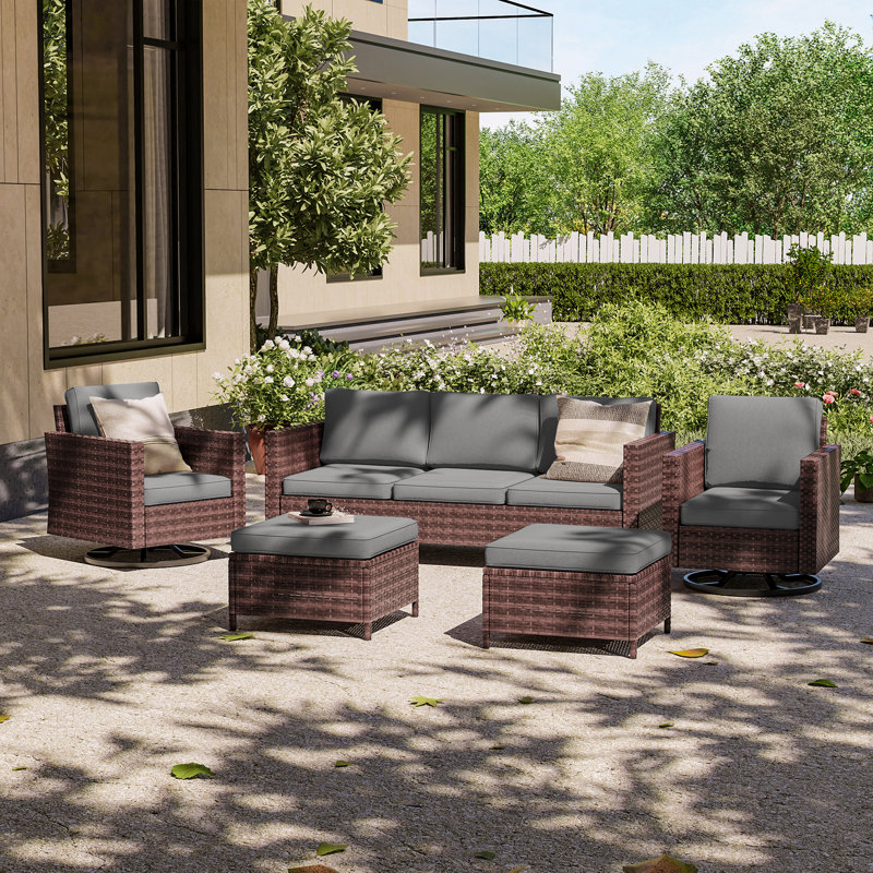 Arunasalam 5 - Person Outdoor Wicker Patio Conversation Furniture Set with Cushions and Rocking Swivel Chairs, Gray, Brown