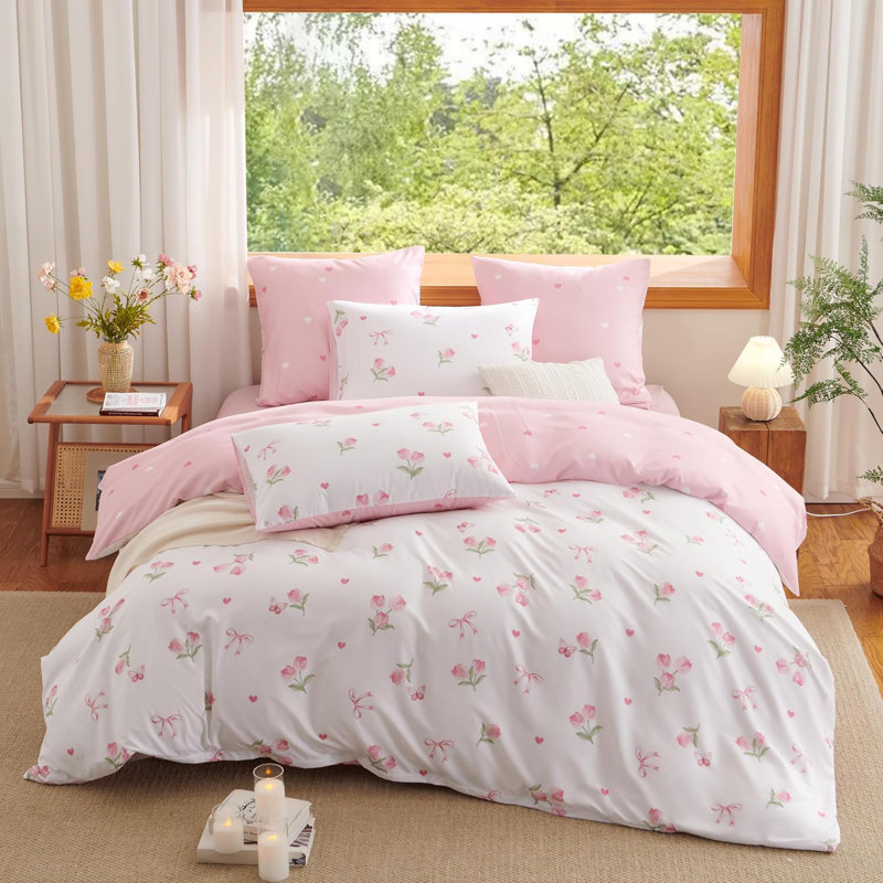 Ensemble de housse de couette réversible rose blanc et floral, Housse de couette grand et 2 taies d'oreiller stan