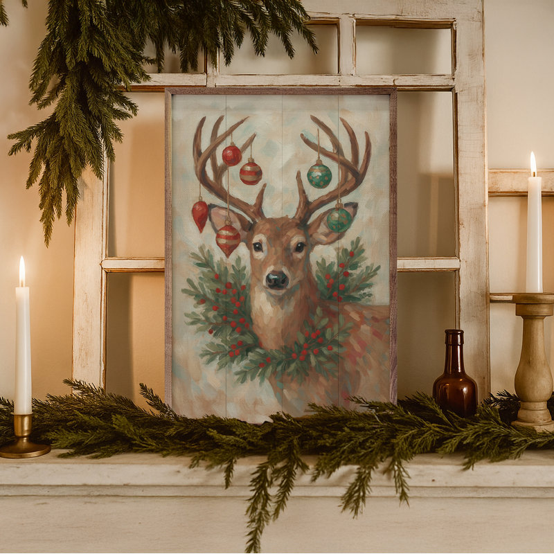 Cerf de Noël avec couronne de Noël, H 8 po x l 5 po