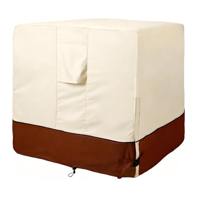 Housse de protection extérieure beige et marron pour climatiseur, résistante et imperméable, avec double fenêtre d'aération, poignées de transport supérieures, fermeture autoagrippante, boucle et cordon de serrage à œillets.