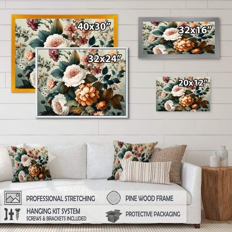 Blooming Vintage Flowers II - Floral Wall Art Living Room, L 32 po x H 16 po, Toile tendue