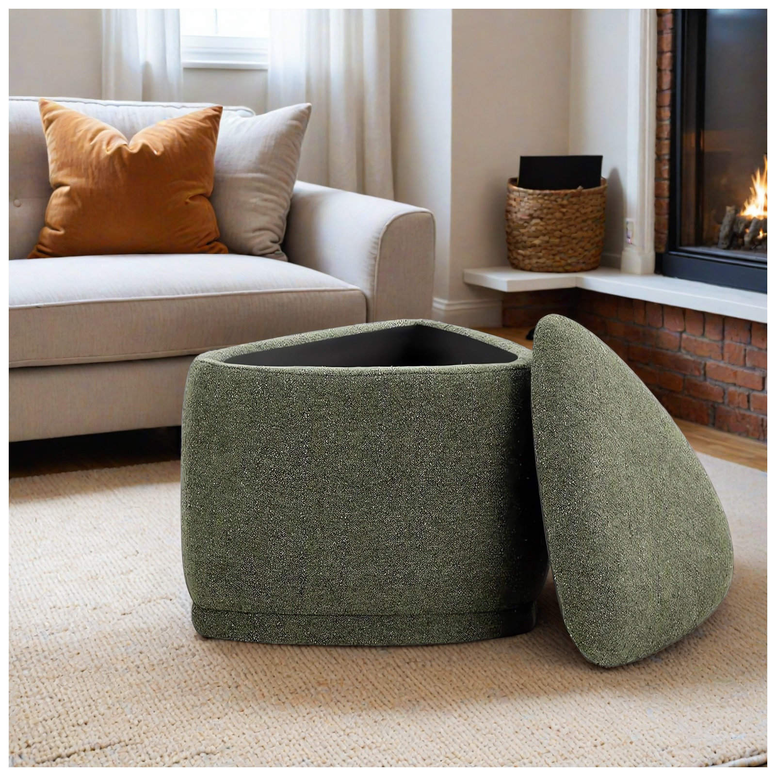 Adna 26.5'' Triangular Upholstered Storage Ottoman, Mellow Forest Chenille