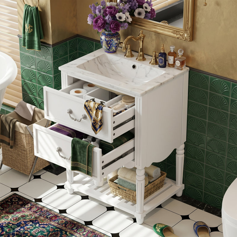 Meuble-lavabo noir 24 po avec lavabo en céramique, 2 tiroirs et 1 tablette ouverte, White