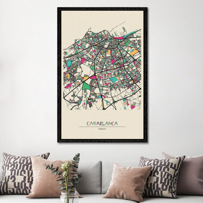 Casablanca, Morocco Map by Ayse Deniz Akerman - Floater Frame Print on Canvas