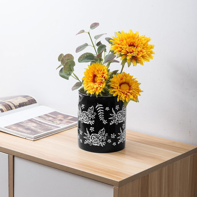 Black Floral Porcelain Cylinder Utensil Crock
