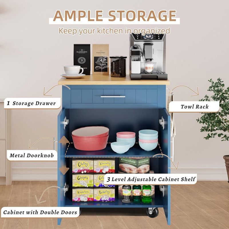 Kitchen Island Cart With Storage,Rolling Kitchen Island Side Table On Wheels With Large Worktop,Storage Cabinet,Towel Rack And Drawers For Kitchen,Dinning Room